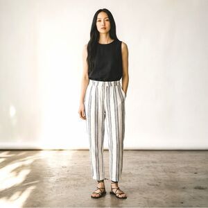 New Look White & Black Striped Pull-on Linen Blend Trousers Side Pockets Sz M